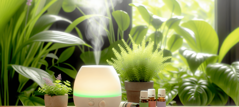 Espaço relaxante com difusor de óleos essenciais, plantas verdes, frascos de lavanda e melaleuca em suave iluminação natural.