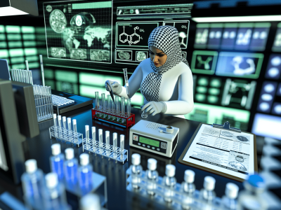 Toxicologista em laboratório analisando amostras com equipamentos modernos e gráficos toxicológicos.