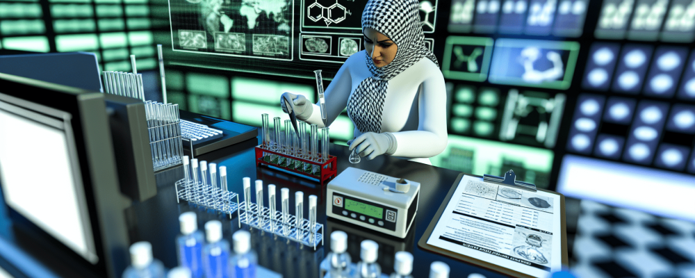 Toxicologista em laboratório analisando amostras com equipamentos modernos e gráficos toxicológicos.