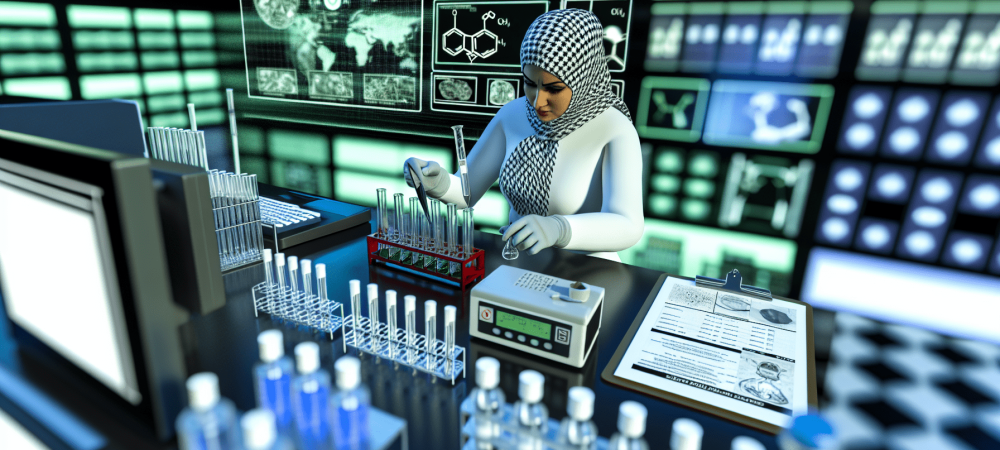 Toxicologista em laboratório analisando amostras com equipamentos modernos e gráficos toxicológicos.