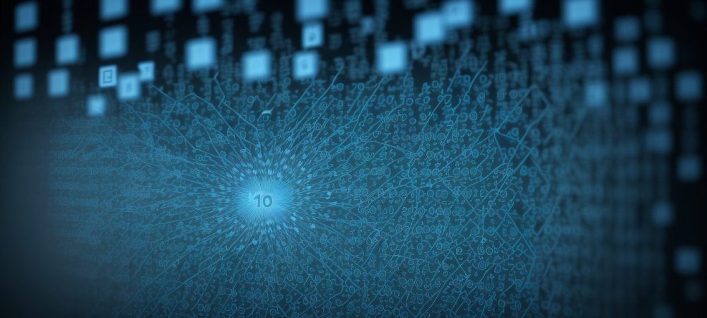 Profissional em escritório público analisando dados em computador, com gráficos e tabelas de banco de dados, em ambiente moderno e organizado.