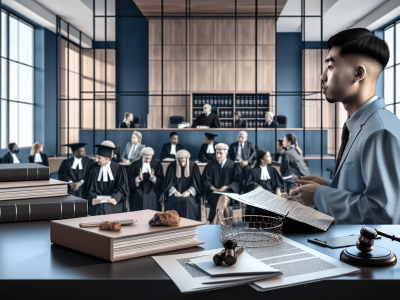 Psicólogo jurídico analisa depoimento em tribunal moderno, cercado por juízes e advogados, ressaltando psicologia no direito.