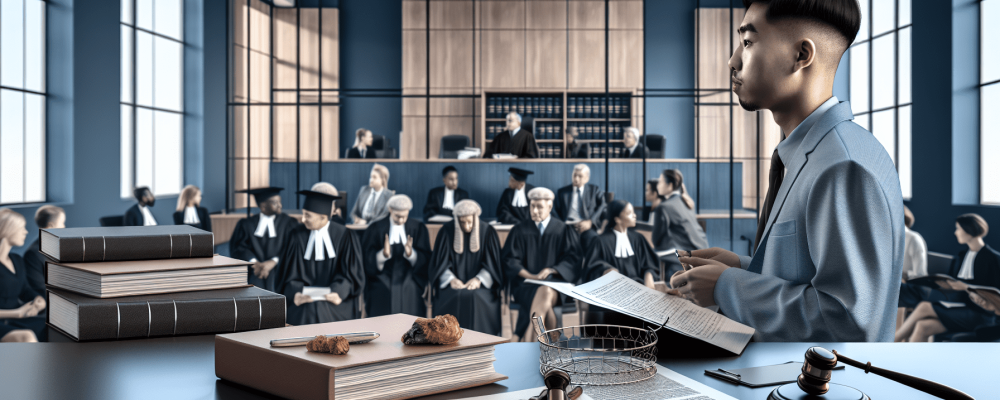 Psicólogo jurídico analisa depoimento em tribunal moderno, cercado por juízes e advogados, ressaltando psicologia no direito.