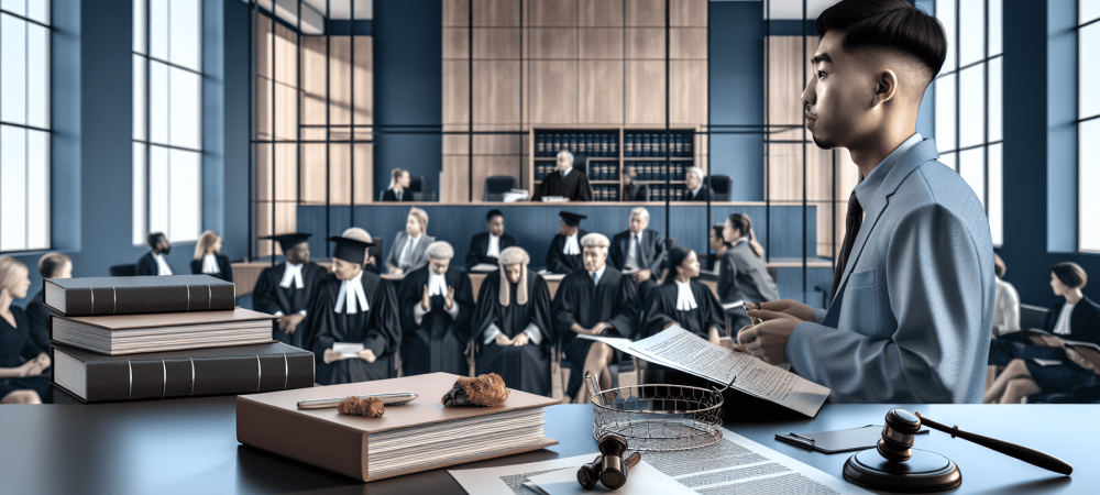 Psicólogo jurídico analisa depoimento em tribunal moderno, cercado por juízes e advogados, ressaltando psicologia no direito.