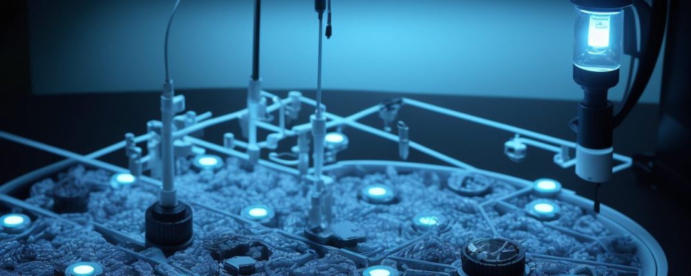 Especialista em papiloscopia analisa impressões digitais com o sistema AFIS, em laboratório moderno e bem iluminado.