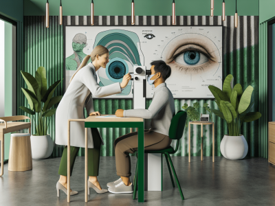 Profissional de saúde analisa íris de paciente em ambiente público, com mapa da íris ao fundo