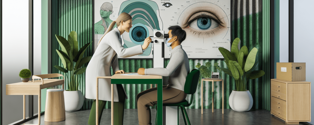 Profissional de saúde analisa íris de paciente em ambiente público, com mapa da íris ao fundo