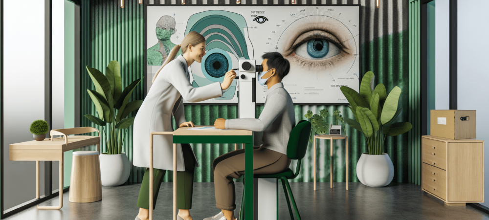 Profissional de saúde analisa íris de paciente em ambiente público, com mapa da íris ao fundo