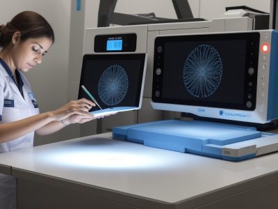 Mesa central em laboratório forense onde impressões digitais são analisadas com scanner de alta tecnologia, iluminado por luzes azuis e cinzas.