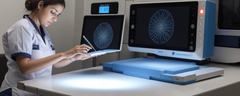Mesa central em laboratório forense onde impressões digitais são analisadas com scanner de alta tecnologia, iluminado por luzes azuis e cinzas.