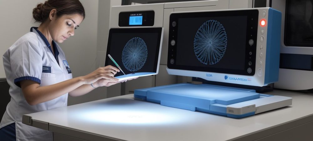 Mesa central em laboratório forense onde impressões digitais são analisadas com scanner de alta tecnologia, iluminado por luzes azuis e cinzas.