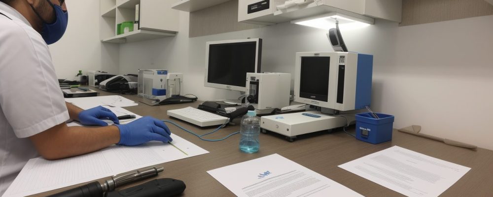 Perito grafotécnico analisando documentos em um laboratório moderno, focando na precisão e autenticidade de assinaturas.