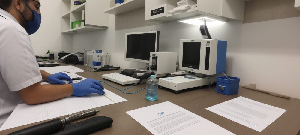 Perito grafotécnico analisando documentos em um laboratório moderno, focando na precisão e autenticidade de assinaturas.