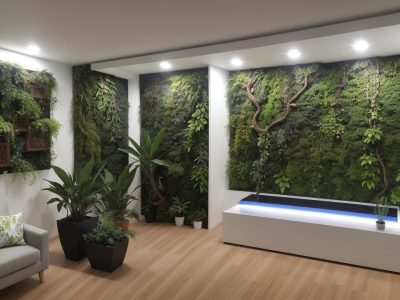 Profissional analisa projeto arquitetônico em computador, cercado por plantas e maquetes, em escritório iluminado naturalmente.