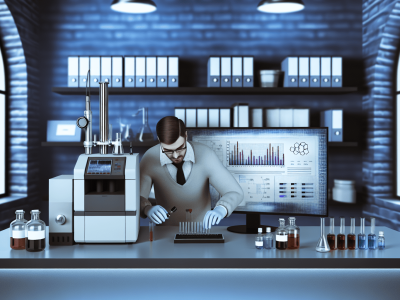 Profissional em laboratório forense usando espectrômetro de massa e cromatografia, rodeado por frascos de amostras.