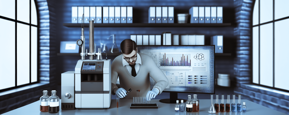Profissional em laboratório forense usando espectrômetro de massa e cromatografia, rodeado por frascos de amostras.
