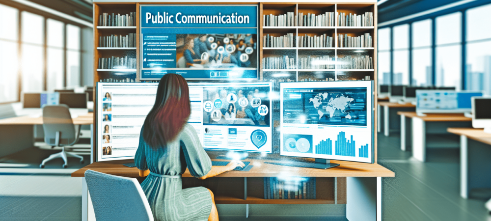 Analista de mídias sociais em escritório moderno com várias telas exibindo gráficos de engajamento e feeds.