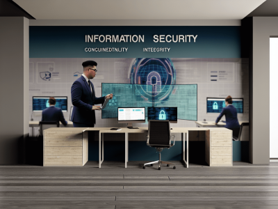 Analista de segurança da informação em escritório moderno, analisando dados com tecnologia avançada.