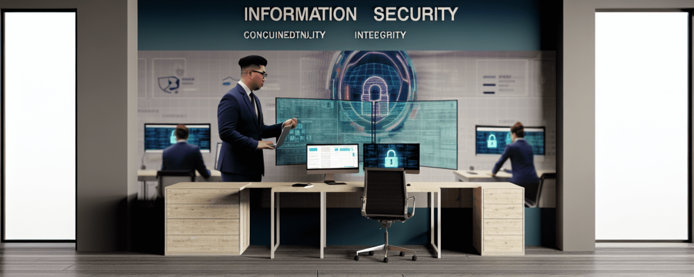 Analista de segurança da informação em escritório moderno, analisando dados com tecnologia avançada.