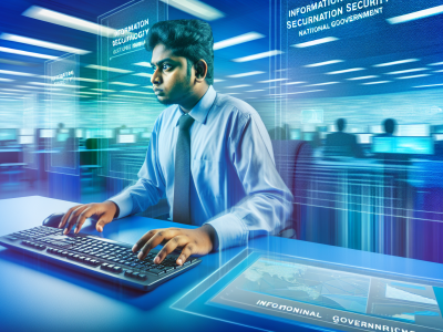 Analista de tecnologia em escritório moderno, rodeado por telas exibindo gráficos de segurança e governança, com luzes azuis e verdes.