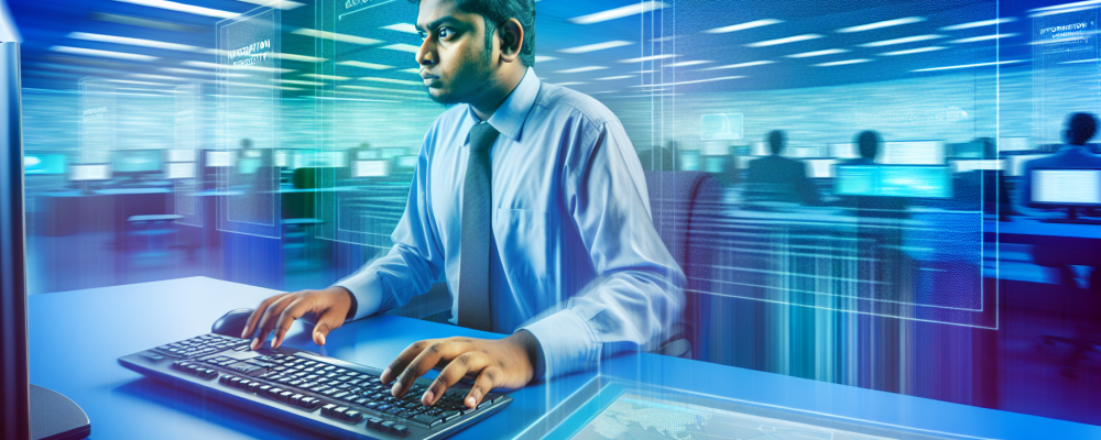 Analista de tecnologia em escritório moderno, rodeado por telas exibindo gráficos de segurança e governança, com luzes azuis e verdes.