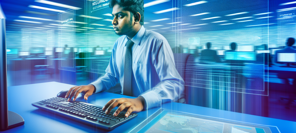 Analista de tecnologia em escritório moderno, rodeado por telas exibindo gráficos de segurança e governança, com luzes azuis e verdes.