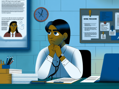 Servidor público em escritório moderno, com expressão de preocupação, respirando profundamente, refletindo ansiedade.