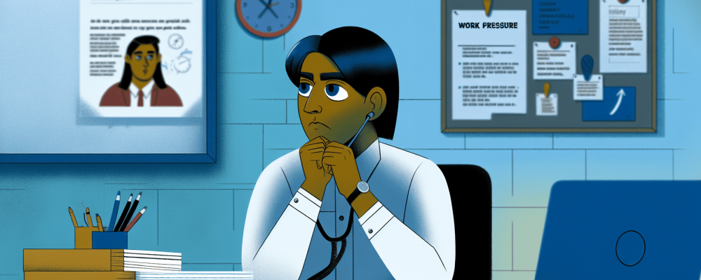 Servidor público em escritório moderno, com expressão de preocupação, respirando profundamente, refletindo ansiedade.