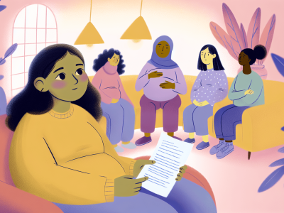 Adolescente grávida em ambiente acolhedor com apoio familiar, segurando anotações sobre direitos na gravidez.