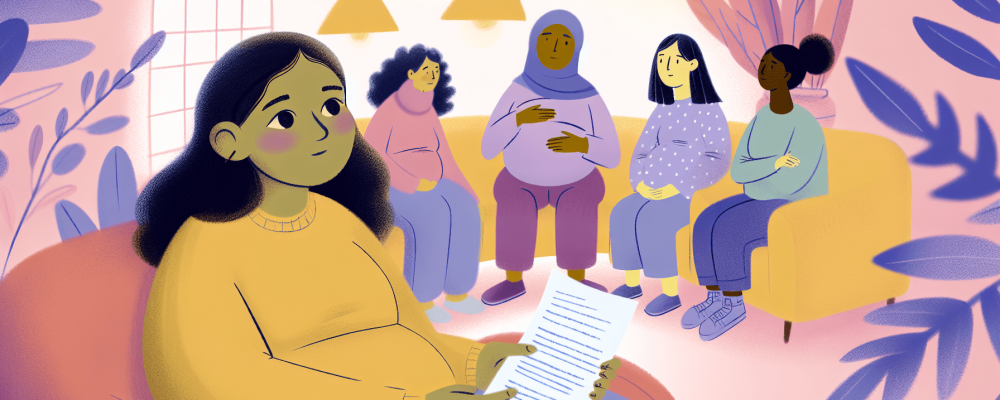 Adolescente grávida em ambiente acolhedor com apoio familiar, segurando anotações sobre direitos na gravidez.