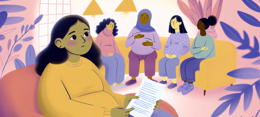 Adolescente grávida em ambiente acolhedor com apoio familiar, segurando anotações sobre direitos na gravidez.