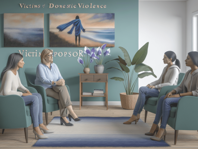 Sala de atendimento a vítimas de violência doméstica com profissionais empáticos ouvindo uma mulher em poltrona, ambiente acolhedor e seguro.