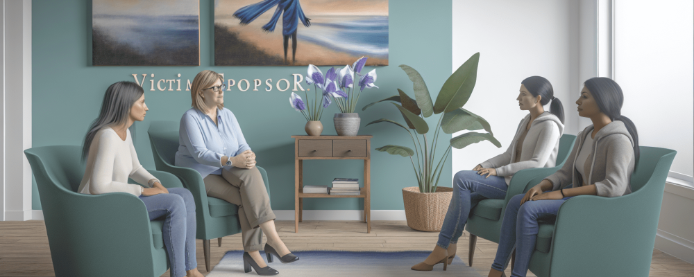 Sala de atendimento a vítimas de violência doméstica com profissionais empáticos ouvindo uma mulher em poltrona, ambiente acolhedor e seguro.