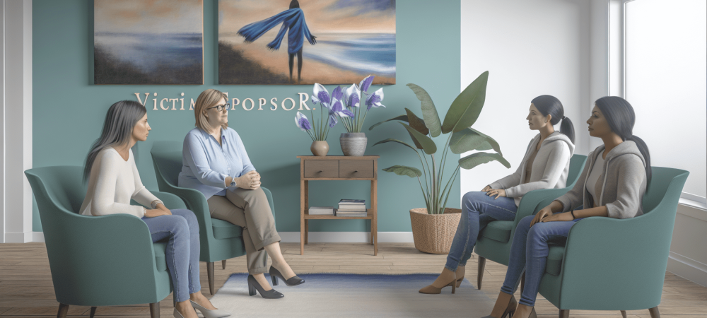 Sala de atendimento a vítimas de violência doméstica com profissionais empáticos ouvindo uma mulher em poltrona, ambiente acolhedor e seguro.
