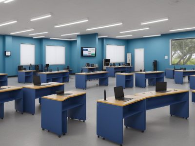 Sala de aula moderna com alunos focados em Direito Penal, usando computadores e materiais de estudo interativos.