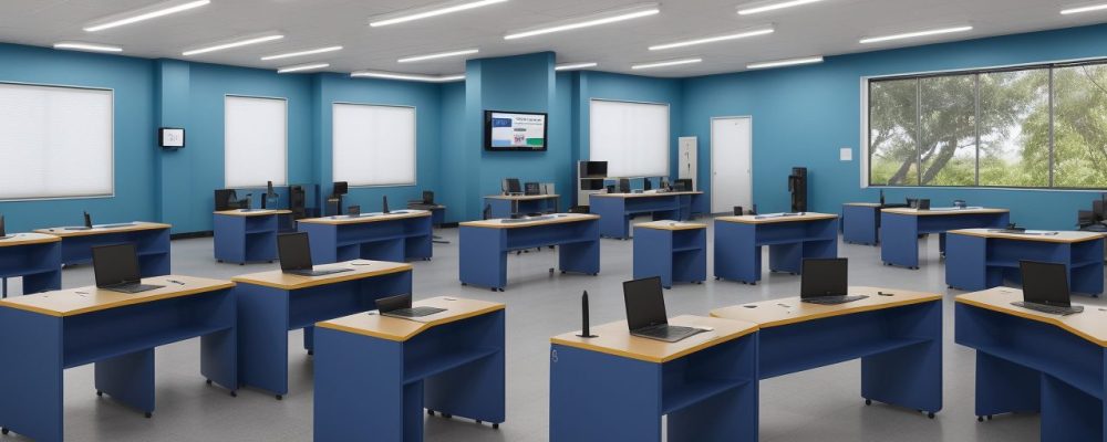 Sala de aula moderna com alunos focados em Direito Penal, usando computadores e materiais de estudo interativos.