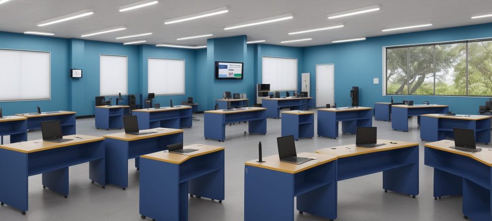 Sala de aula moderna com alunos focados em Direito Penal, usando computadores e materiais de estudo interativos.