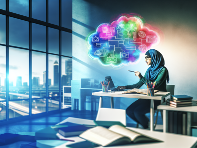 Sala de estudos moderna com estudante usando mapa mental colorido e entrada de luz natural pela janela.