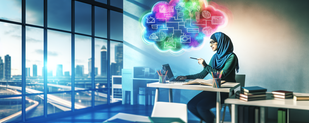 Sala de estudos moderna com estudante usando mapa mental colorido e entrada de luz natural pela janela.