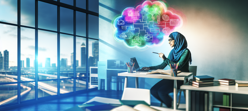 Sala de estudos moderna com estudante usando mapa mental colorido e entrada de luz natural pela janela.