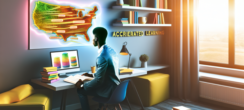 Estudante em mesa de estudos com mapas mentais e gráficos de aprendizagem acelerada, iluminado por luz natural