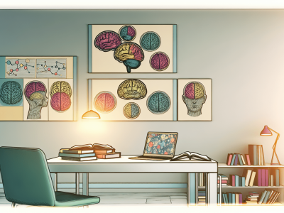 Sala de estudo moderna com mapas mentais coloridos e laptop em ambiente criativo para aprendizagem acelerada