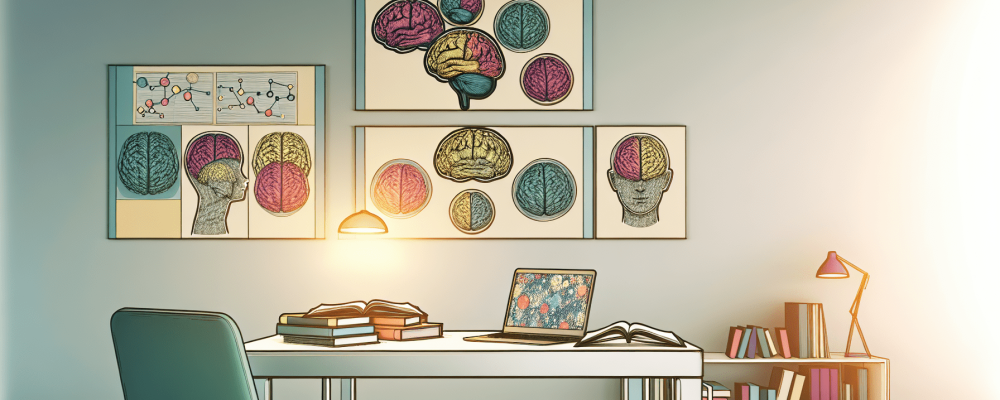 Sala de estudo moderna com mapas mentais coloridos e laptop em ambiente criativo para aprendizagem acelerada