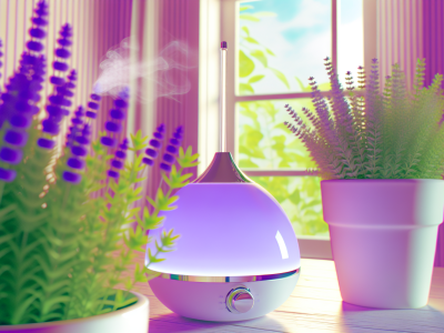 Ambiente de aromaterapia com difusor de lavanda, plantas verdes e luz suave para relaxamento e bem-estar.
