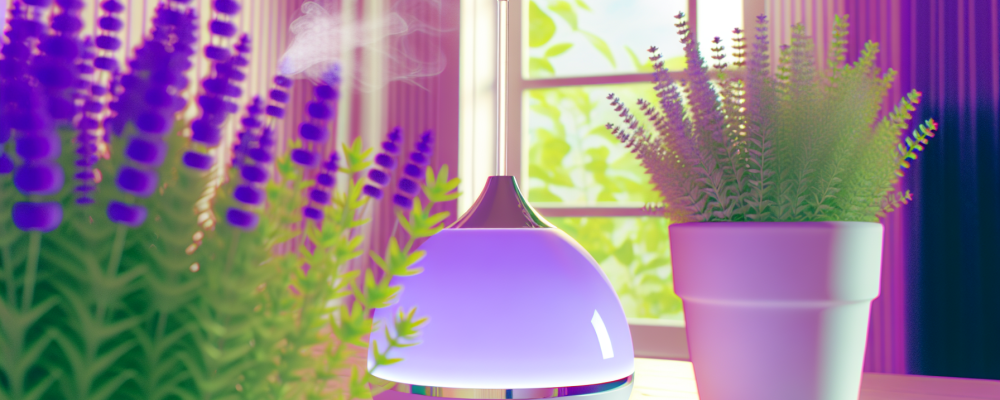 Ambiente de aromaterapia com difusor de lavanda, plantas verdes e luz suave para relaxamento e bem-estar.