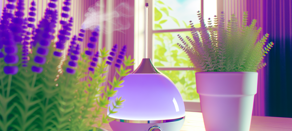 Ambiente de aromaterapia com difusor de lavanda, plantas verdes e luz suave para relaxamento e bem-estar.