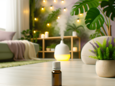 Sala de bem-estar com plantas verdes e difusor aromático, destacando o óleo essencial de lavanda em foco, criando ambiente de tranquilidade.