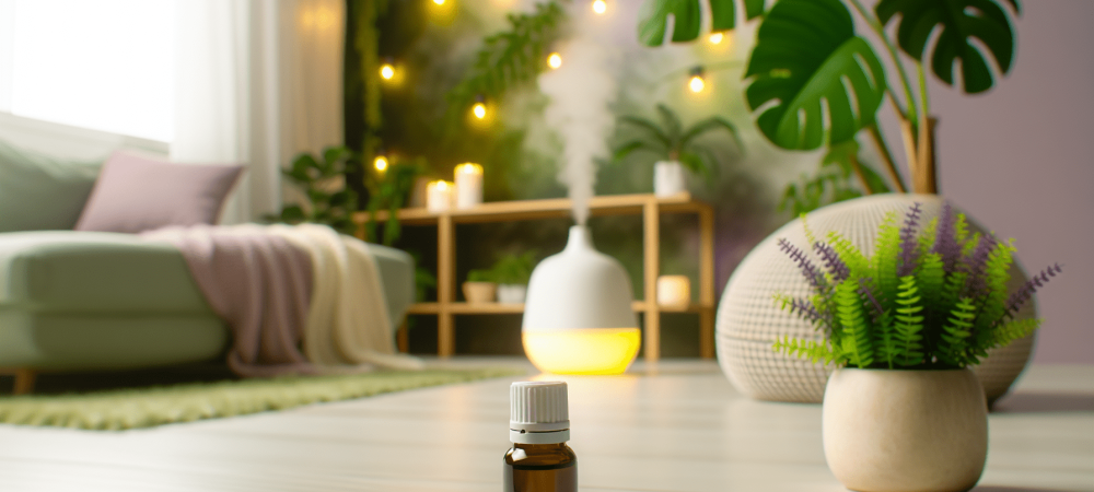 Sala de bem-estar com plantas verdes e difusor aromático, destacando o óleo essencial de lavanda em foco, criando ambiente de tranquilidade.