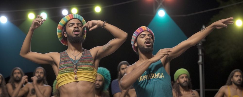 Cena vibrante de uma performance artística ao ar livre com murais sociais e iluminação acolhedora.