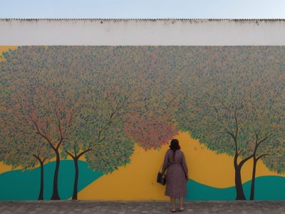 Cena urbana vibrante com mural colorido, artista criando obra e interação social, destacando arte como comunicação